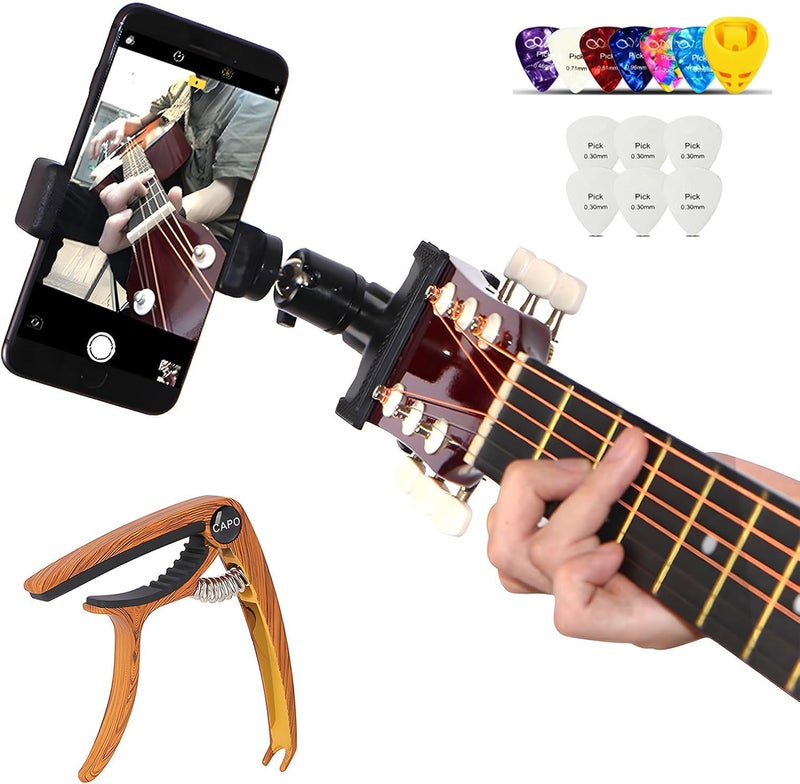 RockCheems Guitar Accessories Gifts for Men - 1 Bass/Ukulele/Electric Guitar Phone Holder for Live Broadcast Video Recording,1 Guitar Capo With Free Picks - Image 1